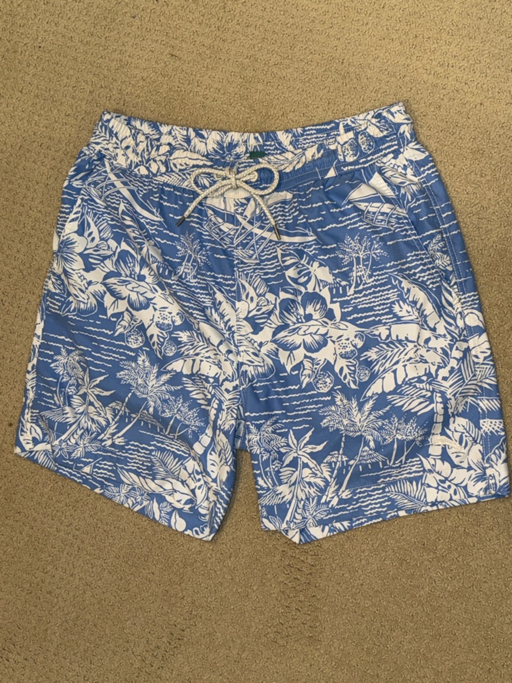 EUC Tommy Bahama, swim shorts trunks, blue, and white tropical print medium
